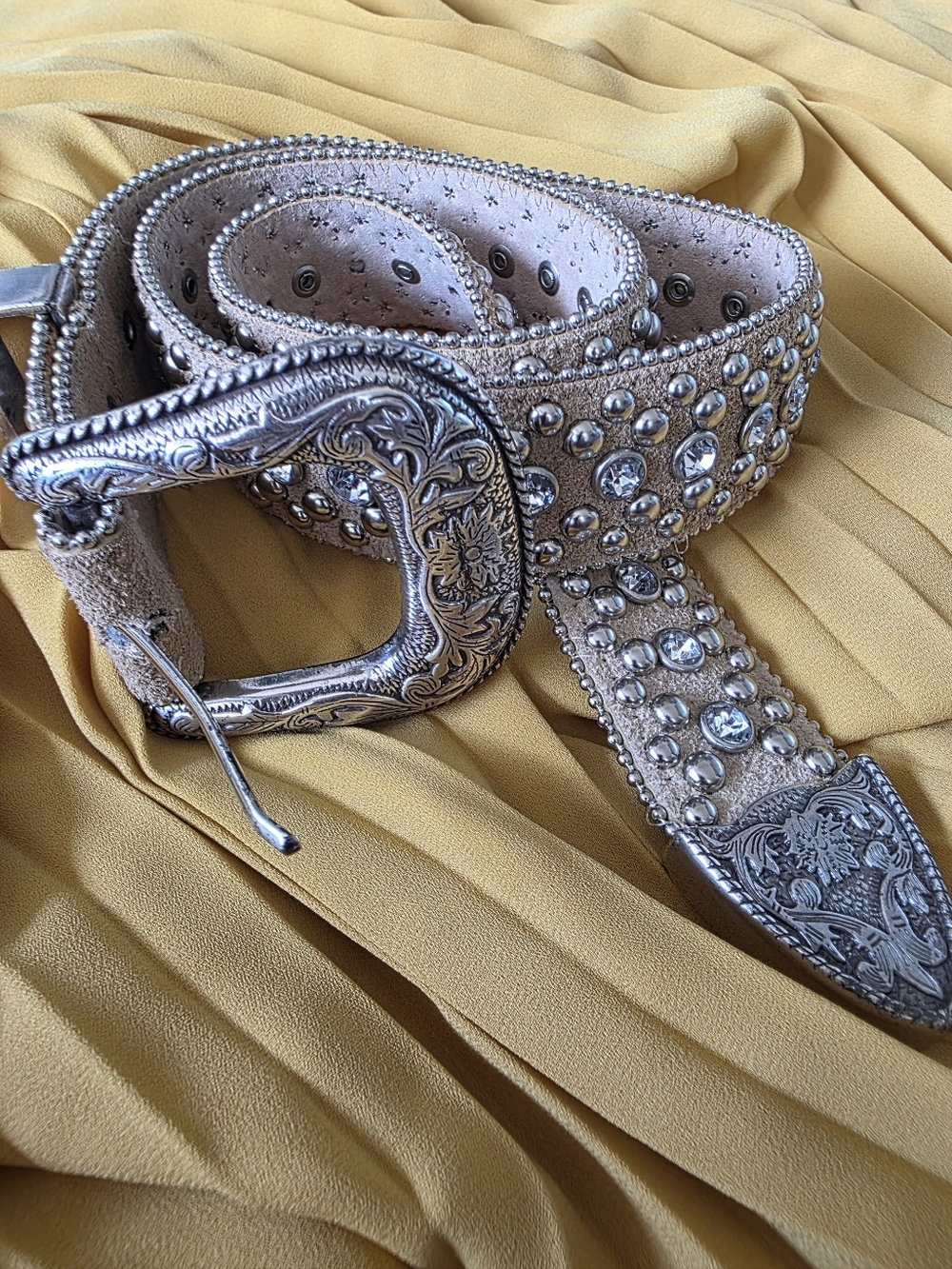 Vintage Western Studded Leather Belt Rhinestone Silver Buckle Boho Y2K S/M - Picture 2 of 11